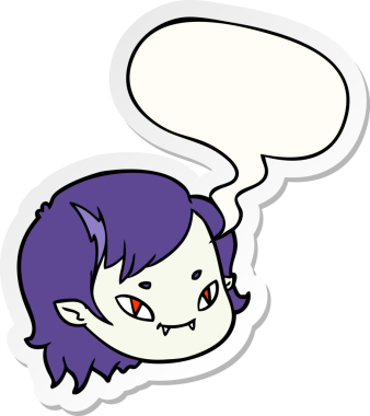 Bir insan tarafından çizilmiş konuşma balonu çıkartmalı vampir kız yüzü.