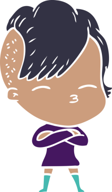 Düz renkli çizgi film çizen kız bir insan tarafından çizilmiş.