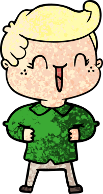 Bir insan tarafından çizilmiş kalçasında elleri olan gülen çocuk.