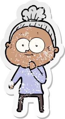 Bir insan tarafından çizilmiş mutlu, yaşlı bir kadının sıkıntılı çıkartması.