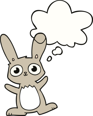 Bir insan tarafından çizilmiş düşünce kabarcığı olan sevimli çizgi film tavşanı.