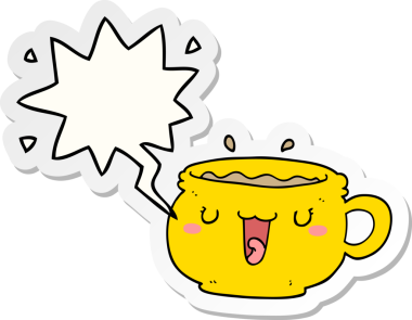 Bir insan tarafından çizilmiş baloncuk çıkartmalı şirin çizgi film kahve fincanı.