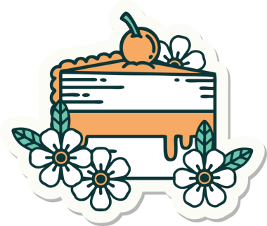 Bir insan tarafından çizilmiş geleneksel bir pasta dilimi ve çiçek stili dövme çıkartması.