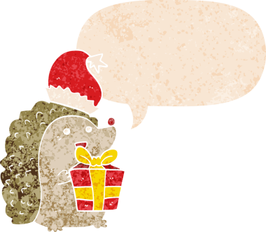 Çizgi film kirpisi, Noel şapkası takıyor ve grunge şeklinde konuşma balonu takıyor.