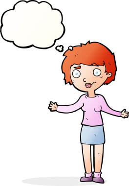 Bir insan tarafından çizilmiş düşünce baloncuğu olan kafası karışık bir kadın çizgi filmi.