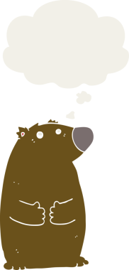 Düşünce baloncuğu olan çizgi film ayısı insan tarafından çizilmiş.