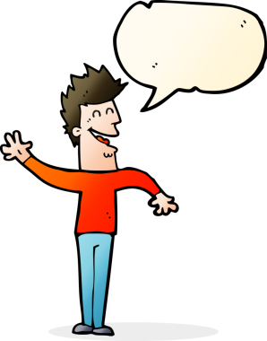 Bir insan tarafından çizilmiş konuşma baloncuğuyla el sallayan mutlu bir adam.