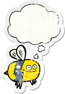 Düşünce baloncuğu olan çizgi film arısı insan tarafından çizilmiş yıpranmış bir çıkartma.