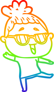 Bir insan tarafından çizilmiş gözlük takan mutlu bir kadının çizgi çizimi.