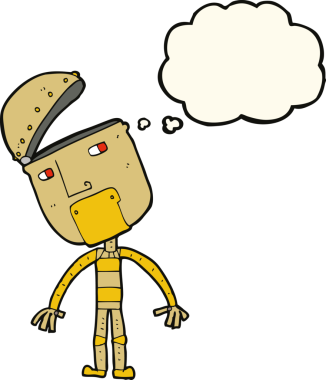 Bir insan tarafından çizilmiş düşünce baloncuklu çizgi film robotu