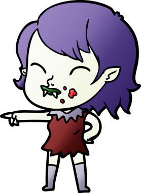 Bir insan tarafından çizilmiş yanağında kan olan vampir kız çizgi filmi.