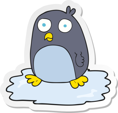 Bir insan tarafından buzda çizilmiş penguen karikatürü çıkartması.