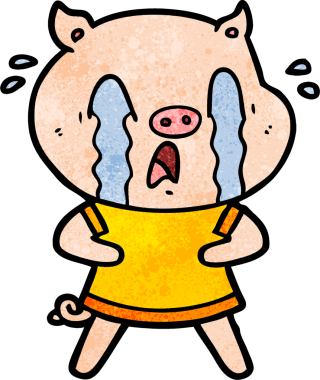 Bir insan tarafından çizilmiş insan kıyafetleri içinde ağlayan domuz çizgi filmi.