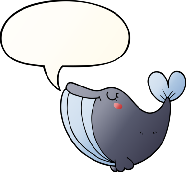 Bir insan tarafından çizilmiş, konuşma baloncuklu çizgi film balinası.