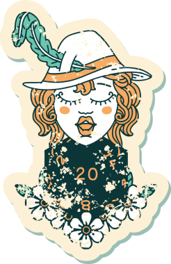 Bir insan şairin, doğal 20 zar atışıyla bir insan tarafından çizilmiş grunge etiketi.