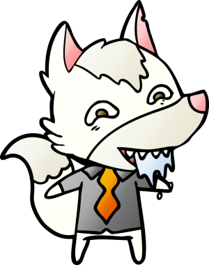 Bir insan tarafından çizilmiş ofis kıyafetleri içinde aç kurt çizgi filmi.