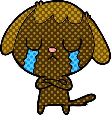 Bir insan tarafından çizilmiş şirin bir çizgi film köpeği ağlıyor.