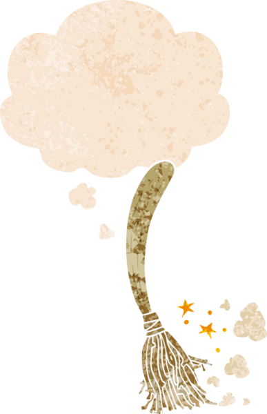 Düşünce baloncuğu ile çizgi film sihirli süpürgesi grunge sıkıntılı retro stil bir insan tarafından çizilmiş