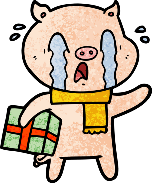 Ağlayan domuz çizgi filmi bir insan tarafından çizilmiş Noel hediyesini teslim ediyor.