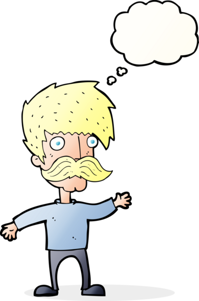 Bir insan tarafından çizilmiş düşünce baloncuğuyla bıyıklı çizgi film adamı.