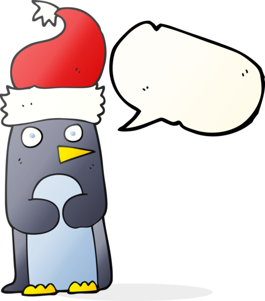 Bir insan tarafından çizilen Noel şapkalı penguen serbest konuşma balonu çizimi.