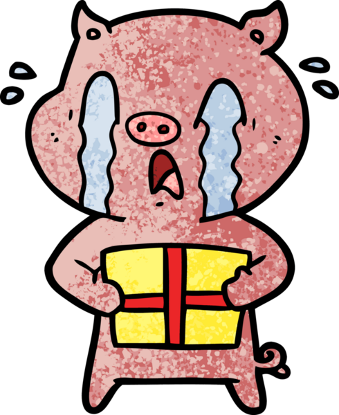 Ağlayan domuz çizgi filmi bir insan tarafından çizilmiş Noel hediyesini teslim ediyor.