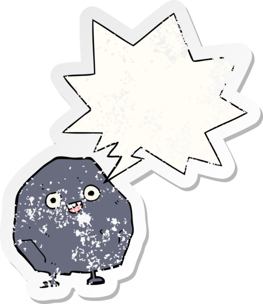 Konuşma baloncuğu olan karikatür rock 'ı bir insan tarafından çizilmiş sıkıntılı eski bir çıkartma