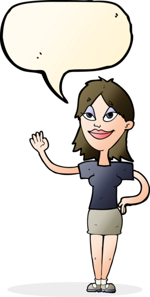 Bir insan tarafından çizilmiş bir konuşma balonuyla el sallayan çizgi film kadını.