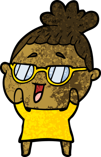 Bir insan tarafından çizilmiş gözlüklü mutlu kadın çizgi filmi.