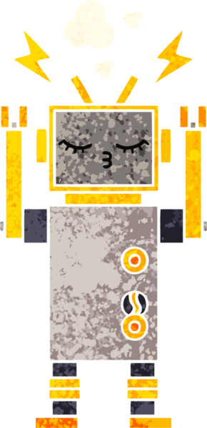 Bir insan tarafından çizilmiş arızalı bir robotun retro çizim tarzı karikatürü