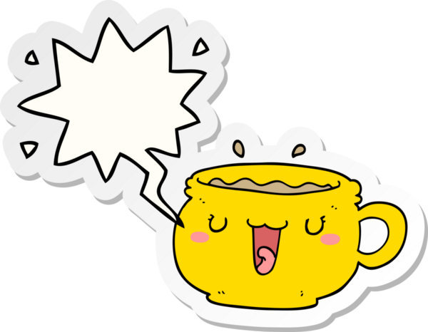 Bir insan tarafından çizilmiş baloncuk çıkartmalı şirin çizgi film kahve fincanı.