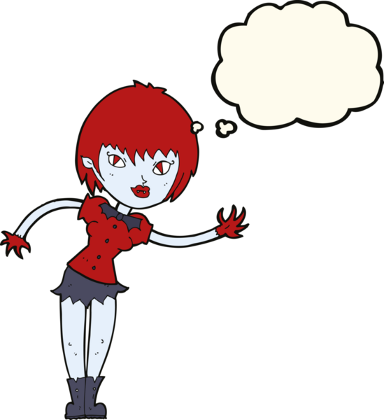 Bir insan tarafından çizilmiş düşünce balonuyla karşılayan vampir kız.