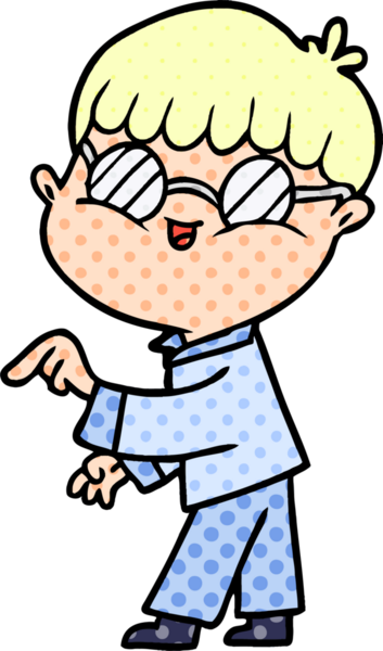 Bir insan tarafından çizilmiş gözlük takan çizgi film çocuğu.