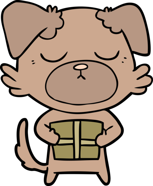 Bir insan tarafından çizilmiş Noel hediyesi olan sevimli bir çizgi film köpeği.