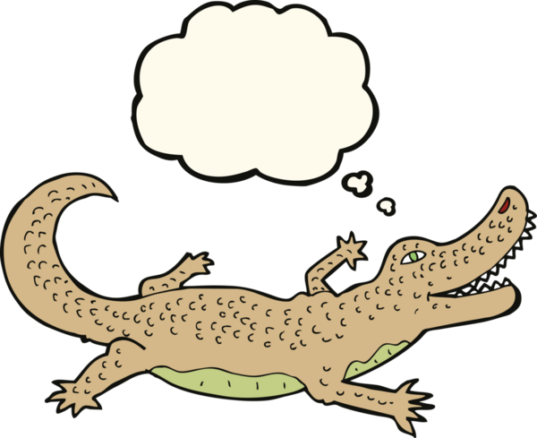 Bir insan tarafından çizilmiş düşünce baloncuklu timsah çizgi filmi.