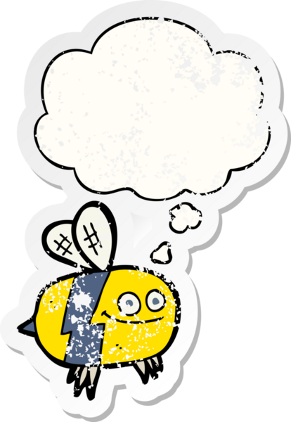 Düşünce baloncuğu olan çizgi film arısı insan tarafından çizilmiş yıpranmış bir çıkartma.