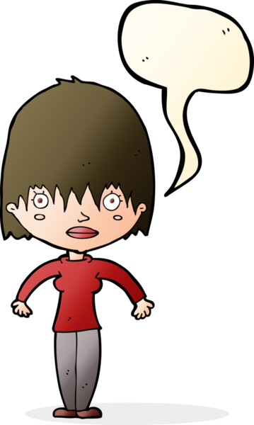 Bir insan tarafından çizilmiş bir konuşma balonuyla bakan çizgi film kadını.