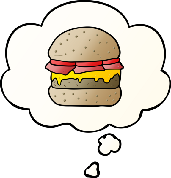 Düşünce baloncuklu çizgi film hamburgeri bir insan tarafından çizilmiş.