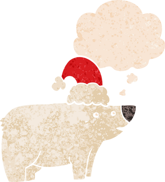 Çizgi film ayısı Noel şapkası takıyor. Düşünce baloncuğu ve grunge dertli eski moda bir insan tarafından çizilmiş.