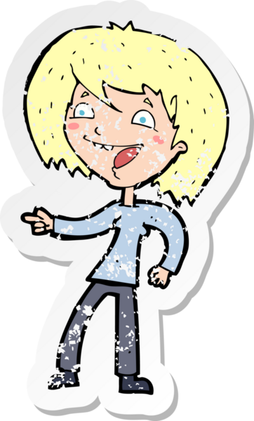 Bir insan tarafından çizilmiş, gülen ve işaret edilen karikatürlü bir kadının gerilimli çıkartması.