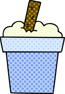 Bir insan tarafından çizilmiş çizgi roman tarzı tuhaf bir dondurma kutusu.