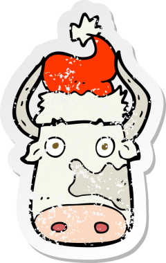 Bir insan tarafından çizilmiş noel şapkası giyen bir ineğin gerilimli çıkartması.