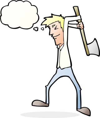 Bir insan tarafından çizilmiş düşünce balonuyla balta sallayan çizgi film adamı.