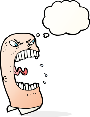 Bir insan tarafından çizilmiş düşünce baloncuğuyla bağıran öfkeli bir adam.