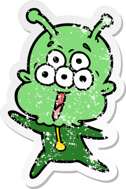 Bir insan tarafından çizilmiş mutlu çizgi film uzaylısının sıkıntılı çıkartması.