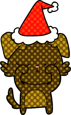 Bir insan tarafından çizilmiş Noel Baba şapkası takan bir köpeğin çizdiği çizgi roman çizimi.