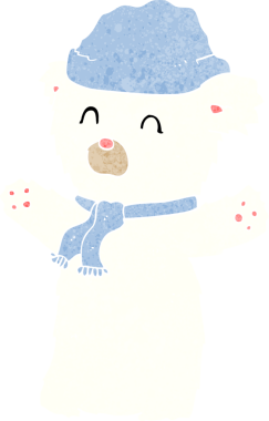 Bir insan tarafından çizilmiş şapkalı ve atkılı şirin kutup ayısı.