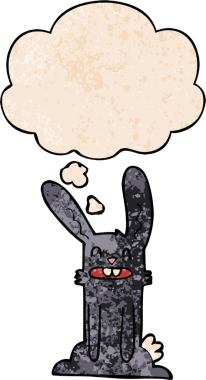 Bir insan tarafından çizilmiş grunge desenli düşünce baloncuklu çizgi film tavşanı.