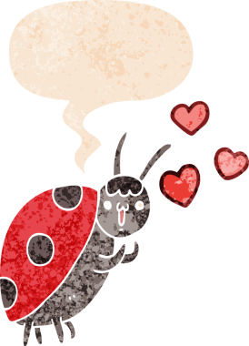 Sevimli çizgi film uğur böceği bir insan tarafından çizilmiş grunge sıkıntılı retro tarzı konuşma baloncuğuna aşık