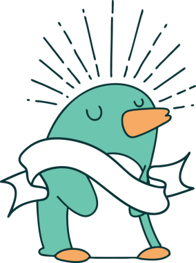 Bir insan tarafından çizilmiş mutlu penguen dövmeli parşömen.